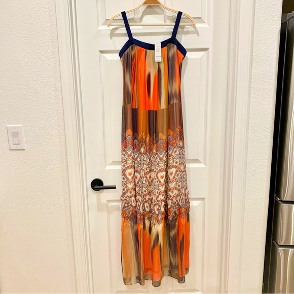 Bebe Orange Blue Floral Boho Printed Chiffon Babydoll Maxi Dress - Picture 6 of 14